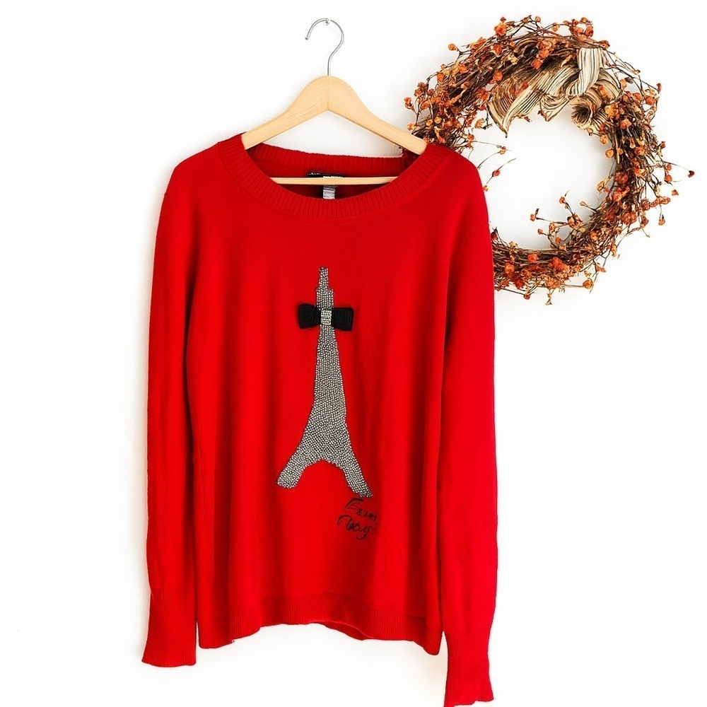 Karl Lagerfield Womens Eiffel Tower Bow Coquette Sweater LARGE Red Long Sleeve